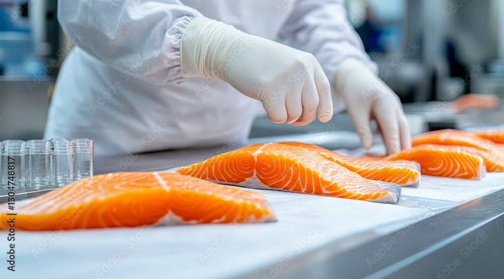 Fish Fillet Processing worker handling fresh salmon fillets in seafood processing facility ...