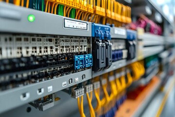 Poster - Electrical panel with wires and circuit breakers showing complex wiring and components