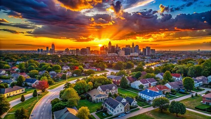 Wall Mural - Silhouette Kansas City Suburbs Skyline Aerial View at Sunset