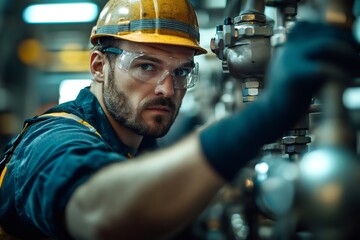 Poster - Industrial worker adjusting valves on pipeline system in factory