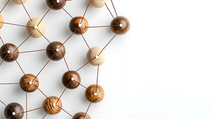 connected wooden spheres create network pattern on white background, symbolizing unity and collabora