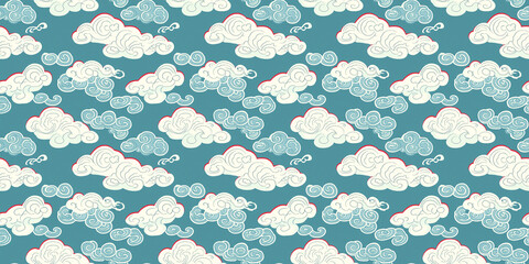 seamless cloud pattern in soft pastels on a calming blue background for creative projects. asian clo