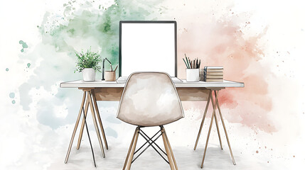 A white desk with a computer monitor and a chair