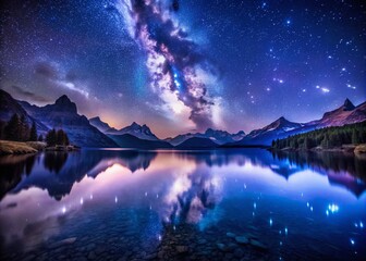 Wall Mural - Swiss Alps Long Exposure Night Photography: Starry Sky and Mountain Lake Reflection