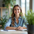 © TimosBlickfang - Smiling young professional woman in a modern office with greenery – Confidence, success, and workplace positivity