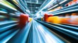 © cvetikmart - Dynamic motion blur in supermarket aisle with colorful products. Conveyor Belt on a Modern Factory