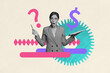 © deagreez - Trendy art creative vertical photo collage of astonished businesswoman hold notepad pen comparison question mark dollar income gears