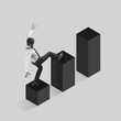 © master1305 - Businessman losing balance while stepping on rising bar chart. Market instability, financial risk, business challenges, and economic uncertainty. Concept of finance, business growth, risk management.