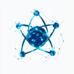 Aufkleber - Abstract Representation of a Molecule: Luminous Blue Sphere with Interconnected Nodes and Geometric Shapes, Futuristic Style.