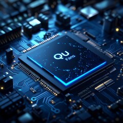 Fototapete - Advanced Quantum Processor: Close-up of a futuristic chip with glowing blue circuit paths, representing innovation and cutting-edge technology.