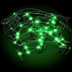 Aufkleber - Global Network: Green Illuminated World Map Illustrating Connectivity and Interconnected Systems