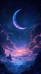 Wall Mural - Ethereal crescent moon shines above a dreamy cloudscape with distant mountains and twinkling stars creating a serene and magical atmosphere under a dark blue sky