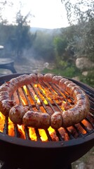 Wall Mural - Sizzling sausage on grill with vibrant flames in outdoor setting for delicious summer barbecue experience