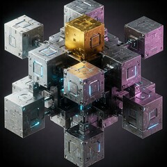 interconnected metallic cubes with glowing accents and a golden central cube