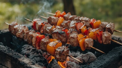 Wall Mural - Appetizing Skewers with Meat and Peppers Grilling over Hot Coals in Outdoor Setting Capturing the Essence of a Summer Barbecue with Smoke and Fire