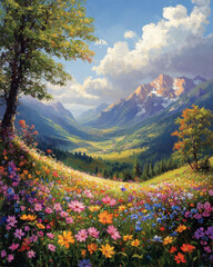 Wall Mural - vibrant landscape featuring valley filled with colorful flowers, mountains, and bright sky