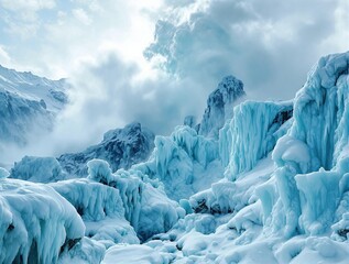 Poster - A stunning icy landscape showcasing three-dimensional glaciers and towering ice formations under a dramatic sky.