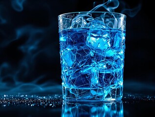 Fototapete - A glass filled with blue liquid and ice, set against a dark background.
