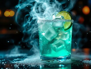 Fototapete - A vibrant cocktail is seen in a glass, garnished with a lime slice and surrounded by a misty effect.