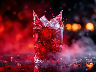 Fototapete - A glass filled with red liquid and ice is splashed with a dramatic effect against a dark backdrop.