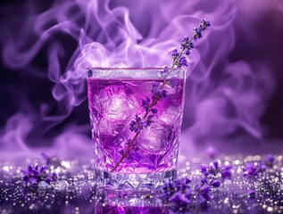Fototapete - A captivating drink featuring a vibrant purple cocktail in a glass, surrounded by lavender sprigs and fog.