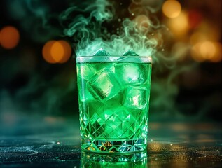 Fototapete - A vibrant green drink in a glass with ice, emitting steam or fog.