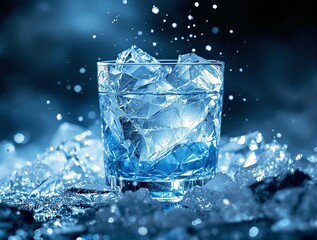Fototapete - A glass filled with ice and water, surrounded by droplets of water.