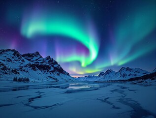 Fototapete - A captivating scene of the northern lights illuminating the night sky over snowy mountains and a frozen river.
