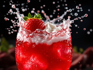 Fototapete - A vibrant image of a glass of red beverage with a splash effect, topped with whipped cream and a strawberry.