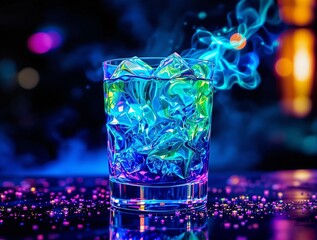 Fototapete - A vibrant cocktail glass filled with colorful liquid and ice, surrounded by swirling smoke.