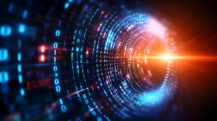Wall Mural - abstract digital tunnel illustration with vibrant blue and orange light effects representing data tr