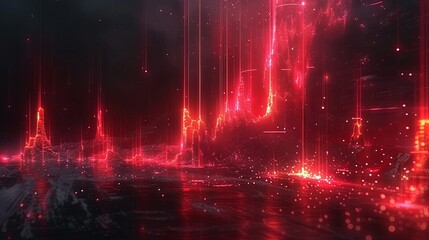 Wall Mural - abstract red digital data flowing across a darkened horizon