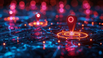 Wall Mural - glowing location markers on an abstract digital circuit board