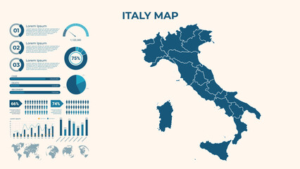  Infographic Map of Italy. Vector Map of a global map in the form of regions of Italy. Vector Illustration