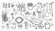 © chekiwart - Set gardening items in hand drawn style. Various agricultural and garden tools for spring work. Growing potted plants, seedling