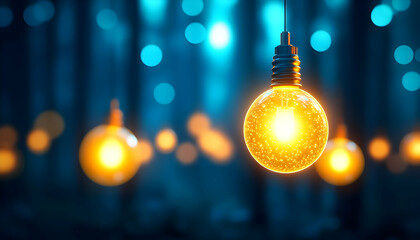 Wall Mural - A glowing light bulb suspended in a mystical forest atmosphere, creating a captivating and enchanting ambiance.