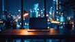 © iLada - Cozy Workspace with Laptop and Desk Lamp Against a Vibrant Cityscape at Night, Blurred Lights Creating a Calming Ambiance for Productivity