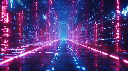 Wall Mural - a futuristic tunnel of neon lights and digital data flow