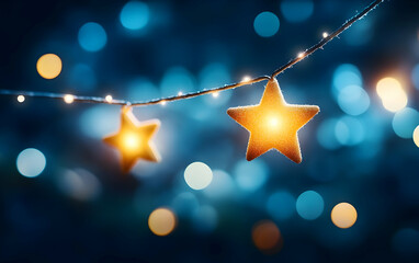 Canvas Print - festive star-shaped lights hanging against a dreamy, blue bokeh background, creating a warm and chee