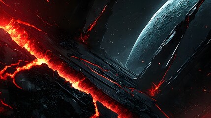 Wall Mural - Futuristic Extraterrestrial Landscape with Solar Eruptions and Planetary Bodies in Space