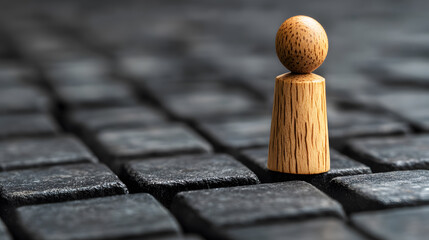 Fototapete - A wooden pawn figure stands on a textured, dark surface, creating a striking visual contrast in this minimalist composition