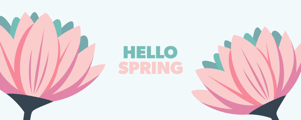 Fototapete - Hello Spring banner with cute flowers for Springtime season greetings and invitations. Vector illustration.	