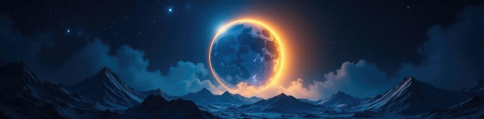 bright blue and yellow circle glowing in darkness, mystery, asteroid, astronomy