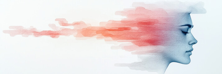 Aufkleber - Conceptual face partially obscured by translucent watercolor blobs, suggesting fluid creativity,