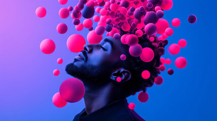 Aufkleber - Mesmerizing headshot silhouetted by floating spheres and cubes in radiant neon hues,