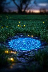 Leinwandbilder - A futuristic coin glowing with electric-blue circuitry patterns, nestled within a vibrant meadow of