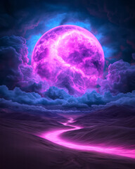 Poster - A dreamlike panorama of an endless meadow under a stormy electric sky, focusing on a large,