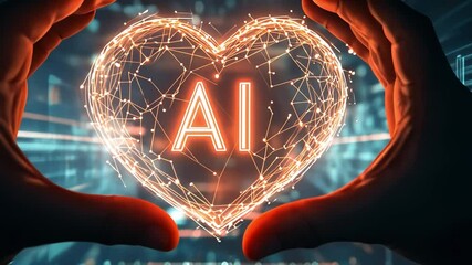 Wall Mural - ai heart in hands: a pair of hands delicately cradles a glowing heart-shaped form containing 