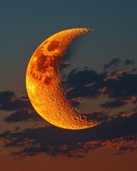 Wall Mural - crescent moon glowing orange against a twilight sky with dark clouds dramatic celestial scene