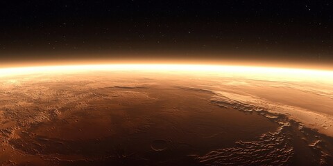 Planet with a brown surface and a starry sky